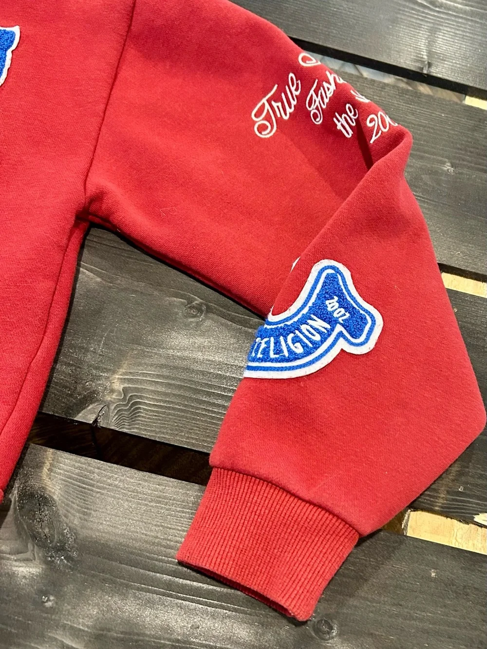 True Religion Crystal Patch Varsity Hoodie - Red Dahlia Cropped Zip Up XS